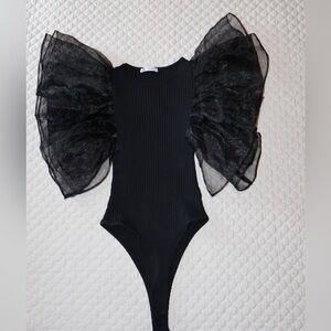 Zara Black Ribbed Bodysuit with Tulle Ruffles